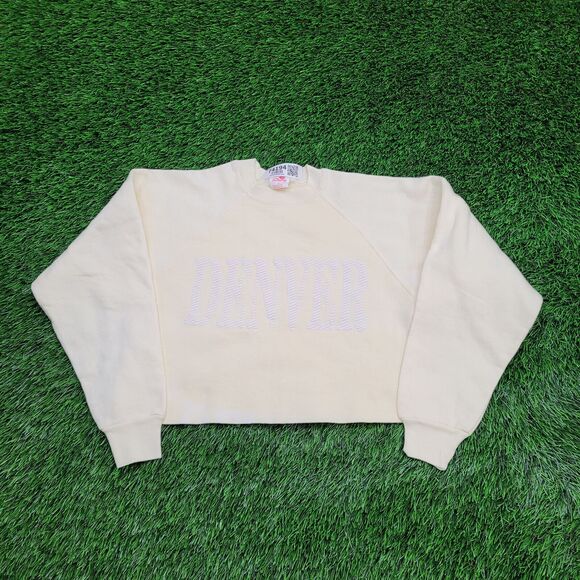 Vintage 80s Denver Crop Sweatshirt Womens Medium 18x16 Beige - Picture 1 of 13